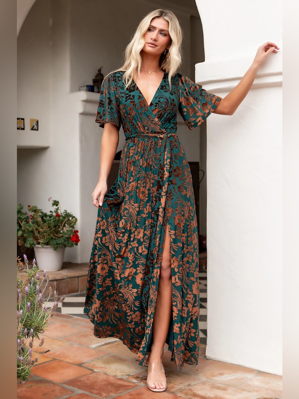 Baltic Born Uma Velvet Maxi Dress Jade Green Bronze Floral XL fall wedding guest